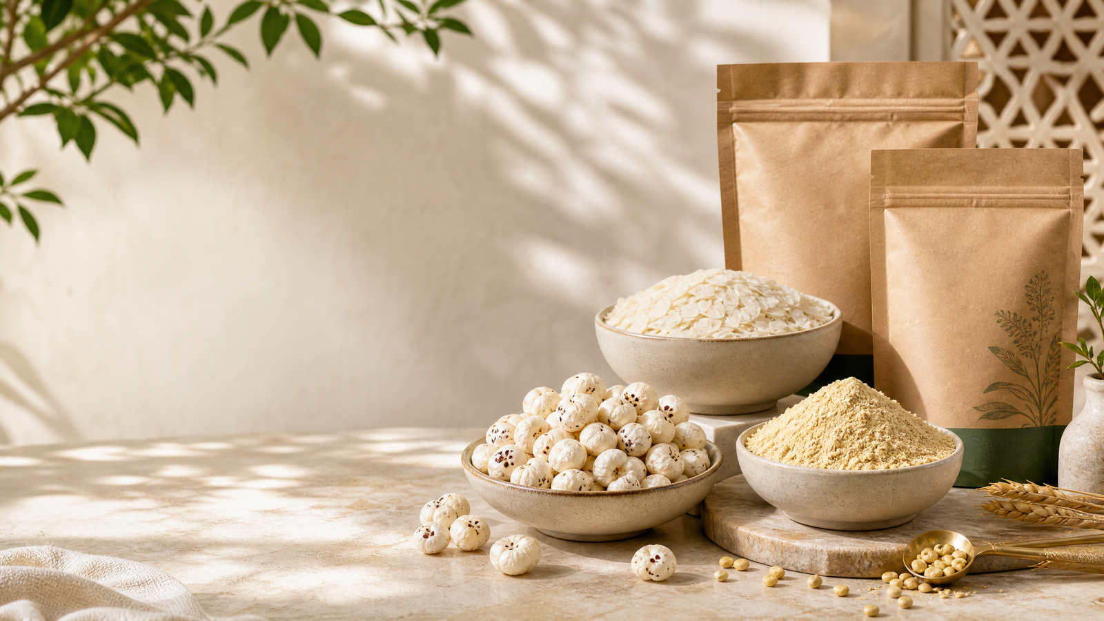 Premium makhana, sattu and chura food spread